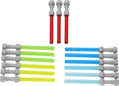 A collection of toy lightsabers arranged on a white background.
