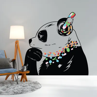 Image de Autocollant mural Decords – Panda pensif avec casque, style street art, 99 x 69 cm, pour une application sur la gauche