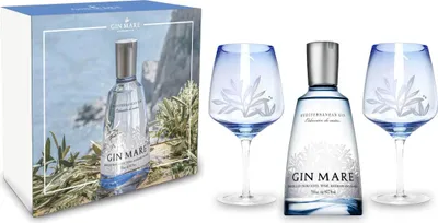 Produktbild von Gin Mare Geschenkset Mediterranean Gin 0,7L (42,7% Vol) + 2x Gin Mare Ballonglas / 2er Gläser Set  - [Enthält Sulfite]