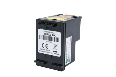A black ink cartridge with a label on a white background.