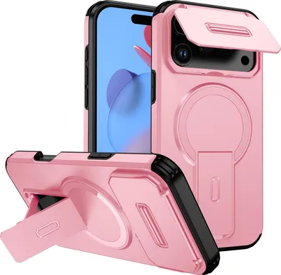 A pink iPhone case with a kickstand and camera cover is displayed against a white background.