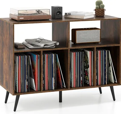 Produktbild von COSTWAY Plattenspielerständer 3-stufig, Plattenspielerschrank mit Aufbewahrungsregalen, Schallplatten-Aufbewahrungstisch, Aufbewahrungshalter Braun