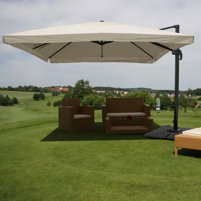 Obrázek produktu pro Gastronomický světelný deštník HWC-A96, Slunečník, 3x4m (Ø5m) Polyester/Alu 26kg Klapka, krémově šedý se stojanem, otočný