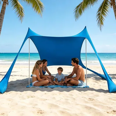 Produktbild von Sonnensegel Strand mit Sandsäcke Elasthan UPF 50+ Strandzelt Sonnenschutz Windfest Strandzelt mit 2 Aluminiumstangen Sandschaufel für Strand Camping