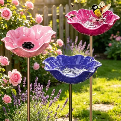 Produktbild von Vogeltränke Stehend 3 Stück Blume Metall Frostfest Garten Deko