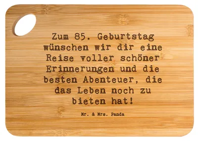 Produktbild von Mr. & Mrs. Panda Holzbrett Spruch 85. Geburtstag - Transparent - Geschenk, Happy Birthday, beste Abenteuer, Jubiläum, Schneidebrett, Frühstücksbrettchen, Frühstücksbrett