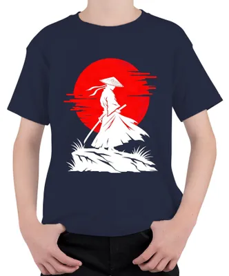 Immagine prodotto di Maglietta per bambini con stampa di samurai, ronin, guerriero, katana, sole rosso, Giappone, Bushido, stile anni 2000, spada. Colore: blu navy. Taglia: 128