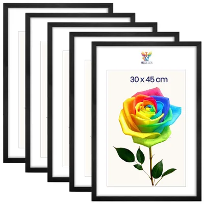 Produktbild von MG Design 5er Set Bilderrahmen Schwarz 30x45 cm - Posterrahmen Echtholz mit Acrylglas, stabile Wandaufhängung, hoch/quer