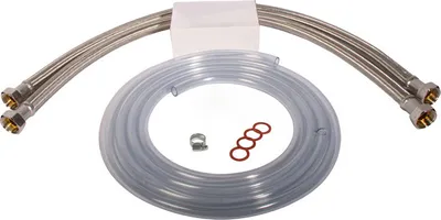 A set of plumbing hoses and accessories laid out on a white background.