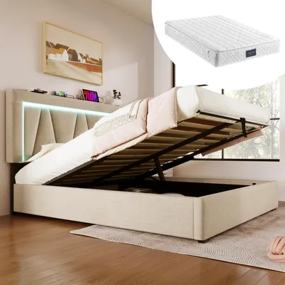 Image de Lit rembourré LED Lit double avec USB type C et LED,Lits de rangement Cadre de lit en lin Lit pour adolescent 140x200,Avec matelas