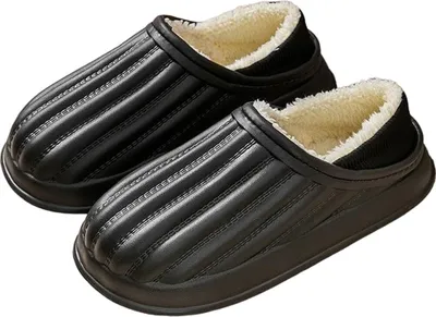 Produktbild von ASKSA Wasserdicht Warme Hausschuhe Herren Damen Winter Pantoffeln Kuschelig Gefuettert Pluesch Outdoor Gartenschuhe, Schwarz, Groesse: 44-45