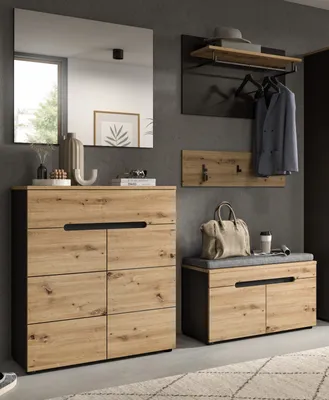 Produktbild von Garderoben-Set "Cooper" Artisan Eiche und grau Garderobe 5-teilig mit Soft-Close und Sitzkissen