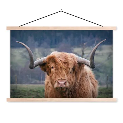Produktbild von MuchoWow® Textilposter Schottischer Highlander - Hörner - Berg 60x40 cm mit holzfarbenen Rahmen - Bilder