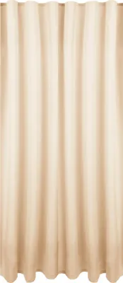A beige curtain hanging vertically, showing its texture and pleats.