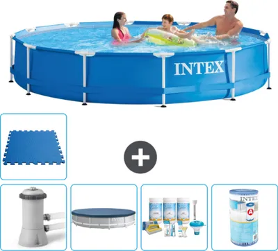 Immagine prodotto di Piscina Intex con struttura rotonda - 366 x 76 cm - blu - inclusa copertura della pompa - pacchetto manutenzione - filtro - piastrelle per il pavimento