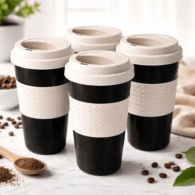 Produktbild von 4 Kafeebecher Coffee to Go Becher Mehrweg Kaffee Tee Wiederverwendbar Schwarz