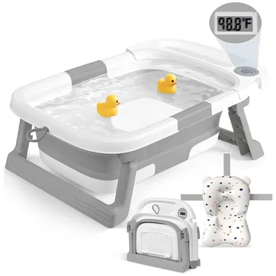 Produktbild von Faltbare Babybadewanne mit Temperaturanzeige und Kissen, tragbare Klappbadewanne,Baby Bathtub für Neugeborene 0–3 Jahre,Grau