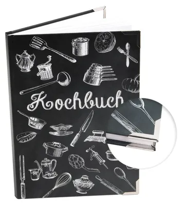 Produktbild von Kleines DIY Rezeptbuch mit leeren Seiten DIN A5 schwarz weiß Tafelkreide-Stil mit Metalleckenmit Metallecken