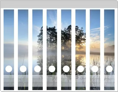 Produktbild von Wallario Ordnerrücken Sticker, selbstklebend für schmale Ordner, 8 Stück, Motiv Stiller See mit Insel im Morgennebel