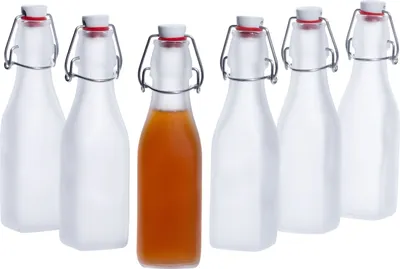 Zdjęcie produktu dla zestaw 6 kwadratowych butelek Swing 250ml Opakowanie z mrożonego szkła Ocet Olej Mleko Półprzezroczysty