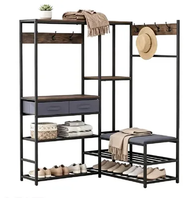 Produktbild von KOMFOTTEU L-förmiger Garderobenständer mit Sitzbank, Eck-Kleiderständer mit Ablageflächen, Haken & Stoffschubladen, multifunktionaler Garderobenregal für Flur, Schlafzimmer & Wohnzimmer, 107 x 99 x 152 cm