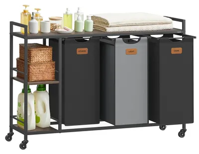 Produktbild von Wäschewagen - 3-fach Wäschesortierer - 150 l - Mit Rollen - Ablage - Abnehmbare Beutel - Schwarz
