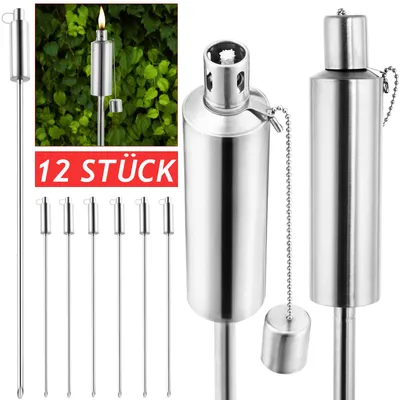 Produktbild von GARDEBRUK Gartenfackeln für Draußen Öl 12er Set 330ml Edelstahl Metall Wetterfest 115cm Groß Outdoor Ölfackeln Docht Nachfüllbar Feuer Fackeln Boden