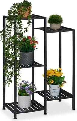 Zdjęcie produktu dla Metalowa półka na kwiaty Relaxdays, 5 półek na doniczki z kwiatami i roślinami, schodkowa półka na rośliny, wymiary: 81 x 55 x 28,5 cm, kolor czarny
