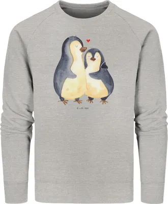Produktbild von Mr. & Mrs. Panda Baumwoll Pullover Pinguin umarmen Größe XS - Heather Grey - Geschenk, Verknallt, Liebe, Umarmung Verliebt, Hochzeitstag, Pulli, Sweatshirt, Bio, Sweater