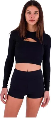 Obrázok produktu pre Hurley Max Solid Rib – krátky rash guard s krátkymi rukávmi a vzorom prúžkov, čierna farba, veľkosť XS, dámsky