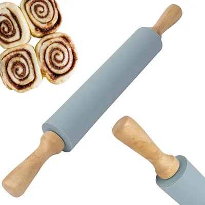 Zdjęcie produktu dla Wałek do ciasta silikonowy wałek do ciasta do pieczenia pizzy do ciast, ciasta makaronowego, ciasteczek nieprzywierająca powierzchnia drewniana rączka Ø 5,5 cm 38 cm szary Retoo