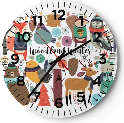Produktbild von Wanduhr - Rund - Glasuhr - Winter Baum Wald Tiere - 30x30cm - Schleichendes Uhrwerk - Lautlos - zum Aufhängen bereit - Dekoration Modern - Wanddekoration aus Glas - C4AR30x30-2926