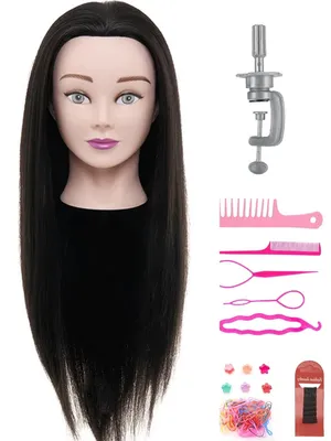 Produktbild von Trainingskopf 50% Echthaar mit Tischklemme und Styling-Zubehör - Friseurkopf – Übungskopf Friseur - Schwarz - 60 cm
