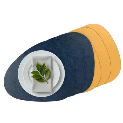 Produktbild von Platzset 6er Set, 2in1 Wende-Tischunterlage Kunstleder oval, Platzdeckchen 40x31cm Nierenform (blau/curry)
