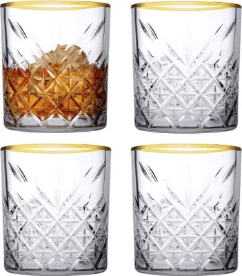 Produktbild von Pasabahce 52790 Whisky Glas Tumbler Timeless im Kristall-Design, Höhe 9,6 cm, 345 ml, 4 Stück, Retro-Design gold