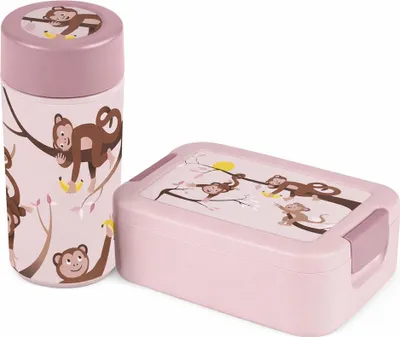 Obrázok produktu pre Sigma Home Food to Go – Opica – Detský obedár – Krabička na desiatu a fľaša na pitie – 100 % tesná – S vložkou Bento – Ružová