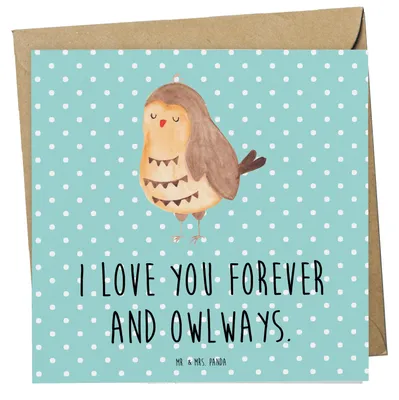 Produktbild von Mr. & Mrs. Panda Grußkarte Eule Zufrieden - Türkis Pastell - Geschenk, Owl, doppelkarte, anlasskarte, Klappkarte, Liebesspruch, Liebe Spruch, Hochzeitstag, faltkarte