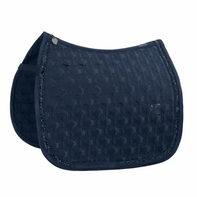 A navy blue dressage saddle pad with a chain-like pattern and glitter trim, shown on a white background.