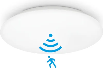 A white ceiling light with a motion sensor icon and a silhouette of a person.