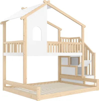 Produktbild von Flieks Etagenbett 90x200cm / 140x200cm mit Schubladen, Kinderbett Hausbett mit Fenster und Rausfallschutz, Hochbett Stockbett für Kinderzimmer