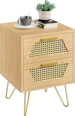 Produktbild von Yaheetech Nachttisch Nachtschrank mit 2 Schubladen Rattan-Design Beistelltisch Metallbeine Sofatisch Nachtkommode für Boxsprinbgett, Hellbraun