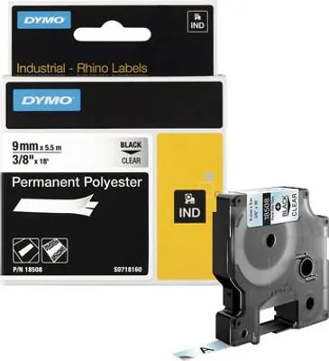 Zdjęcie produktu dla DYMO Rhino trwałe etykiety poliestrowe do zastosowań przemysłowych 9 mm x 5,5 m - czarne na przezroczystym, D1, Poliester, Belgia, 5,5 m, 1 szt., 34 mm
