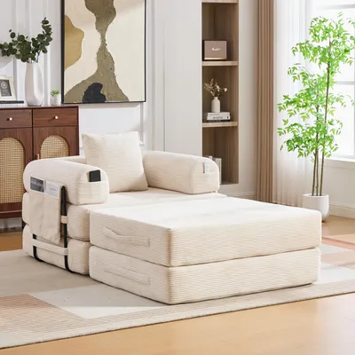 Obrázek produktu pro okwish Jednomístné modulární sofa s taburetem a boční kapsou rozkládací pohovka obývací pohovka s polštáři lounge pohovka s robustním kovovým rámem volně kombinovatelné béžová