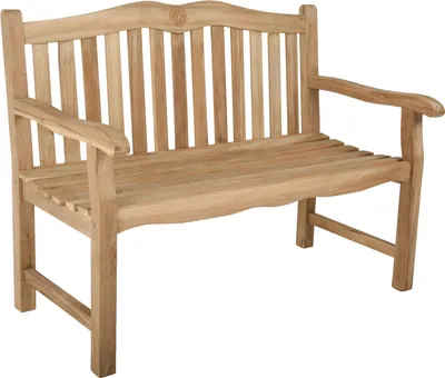 Gartenbank ROMANG 2-Sitzer aus Teakholz in Gesamtansicht mit geschwungener Rückenlehne und Armlehnen.