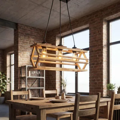 Produktbild von Hängeleuchte Metall Holz H: max. 110 cm Schwarz geflammtes E27 3-flammig länglich Modern Hängelampe