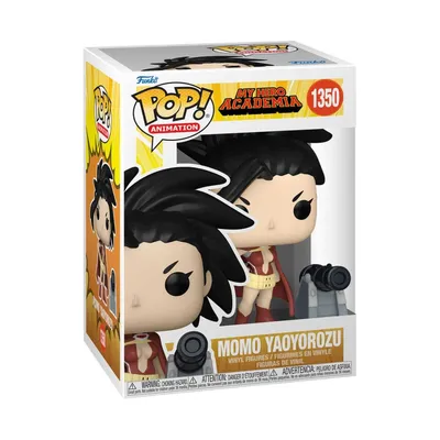 A Funko Pop! vinyl figure of Momo Yaoyorozu from My Hero Academia, displayed in its original packaging.