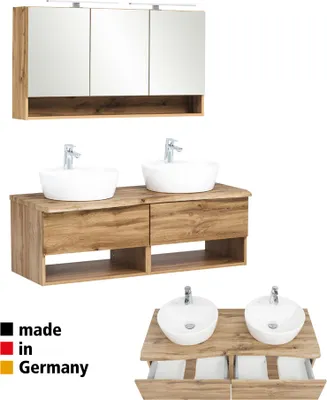 Produktbild von Badmöbel Waschplatz Set in Wotan Eiche Nb. KAHLA-03 Keramik Waschbecken und LED Spiegelschrank, B/H/T: ca. 121/200/52 cm