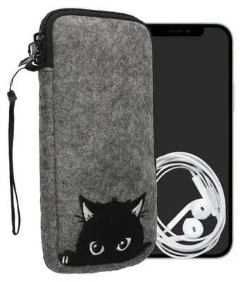 Produktbild von kwmobile Handytasche für Smartphones XXL - 7" - Handy Filztasche - Neugierige Katze Grau Schwarz - 17,7 x 8,5 cm Innenmaße