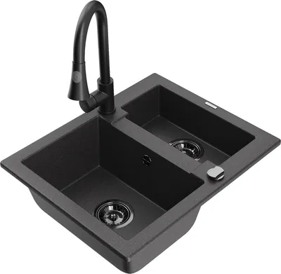 Produktbild von Mexen Carlos 1,5-Becken-Granitspüle mit Mischbatterie Elia, Schwarz gesprenkelt - 6518-76-670101-70-B
