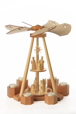 Produktbild von Moderne Weihnachtspyramide „Delta“ mit Weihnachtsgeschichte – Zweistöckige Teelichtpyramide aus Holz BxHxT 25x39x21cm NEU